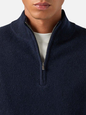 Marineblauer blue Jermyn Strickpullover aus Lammwolle mit Halbzip und kontrastierendem Kragen 