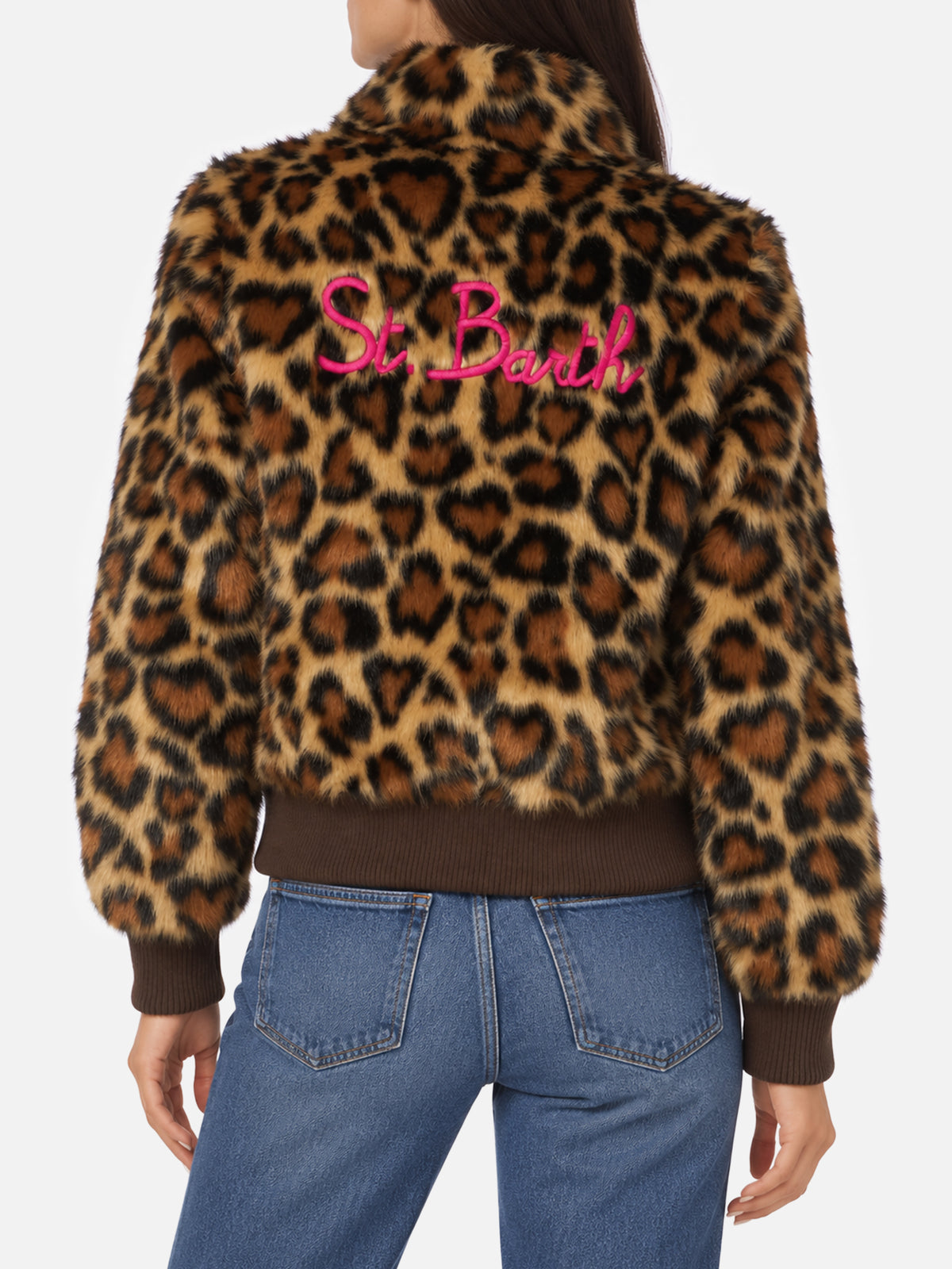 Janette braune Felljacke mit Animal-Heart-Print 