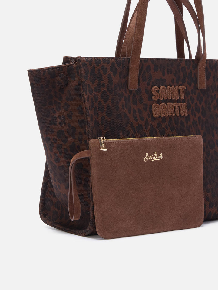 Bolso Large Jour de denim con estampado de leopardo y asas de ante 