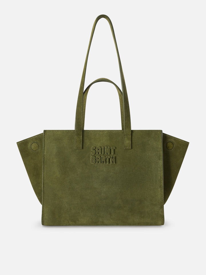 Borsa Medium Jour verde militare in camoscio con etichetta logo