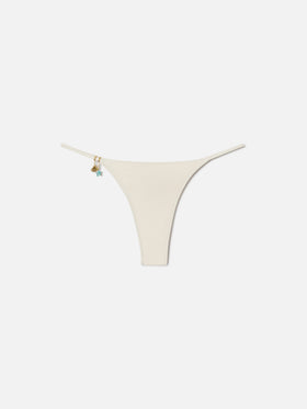 Jodene thong bikini bottoms in gold glossy-finish fabric with charm details