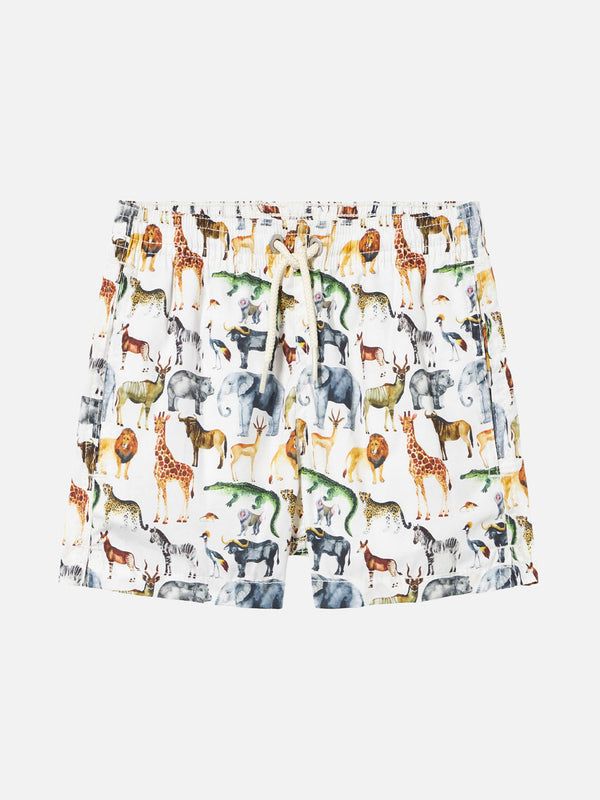 Boy cotton swim shorts with african zoo print