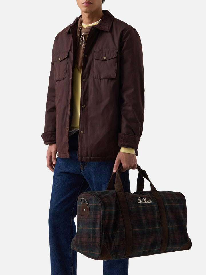 Jetleg wool blend duffle bag with tartan pattern and faux leather trims