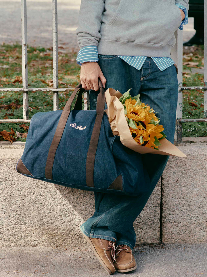 Blue Jetleg denim duffle bag with logo embroidery