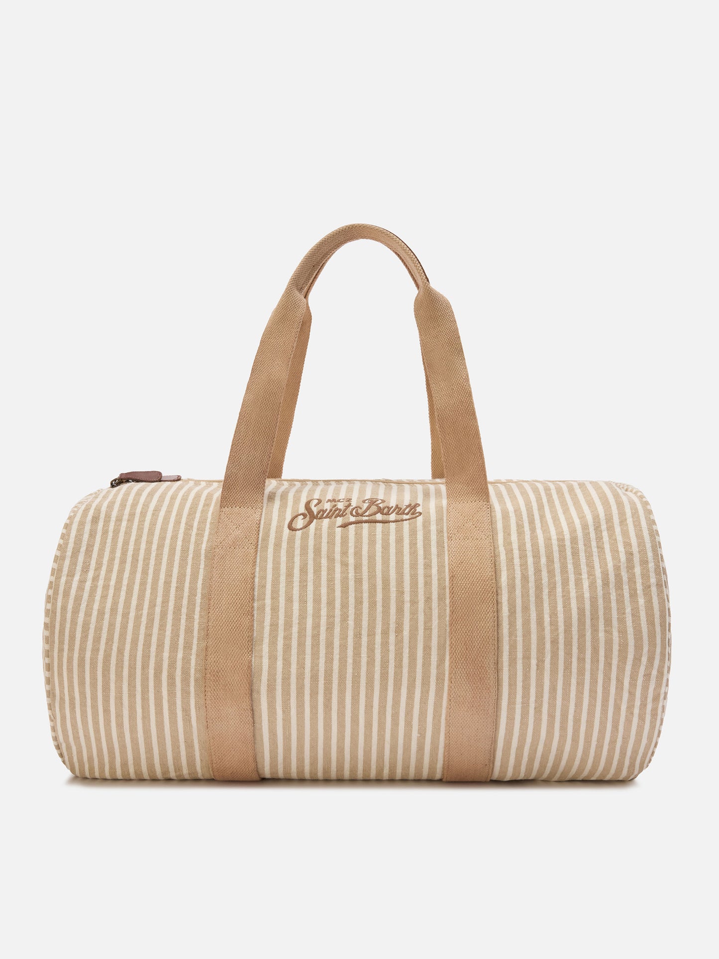 Borsone Round Jetleg in lino a righe beige e bianche