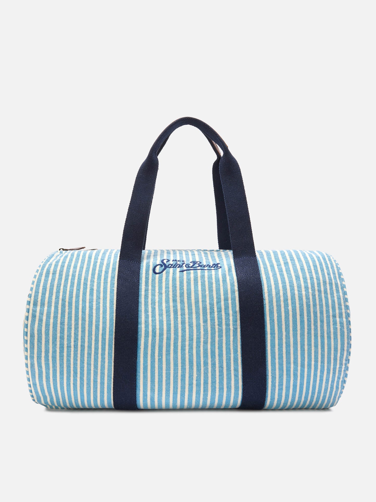 Round Jetleg blue and white striped linen weekender
