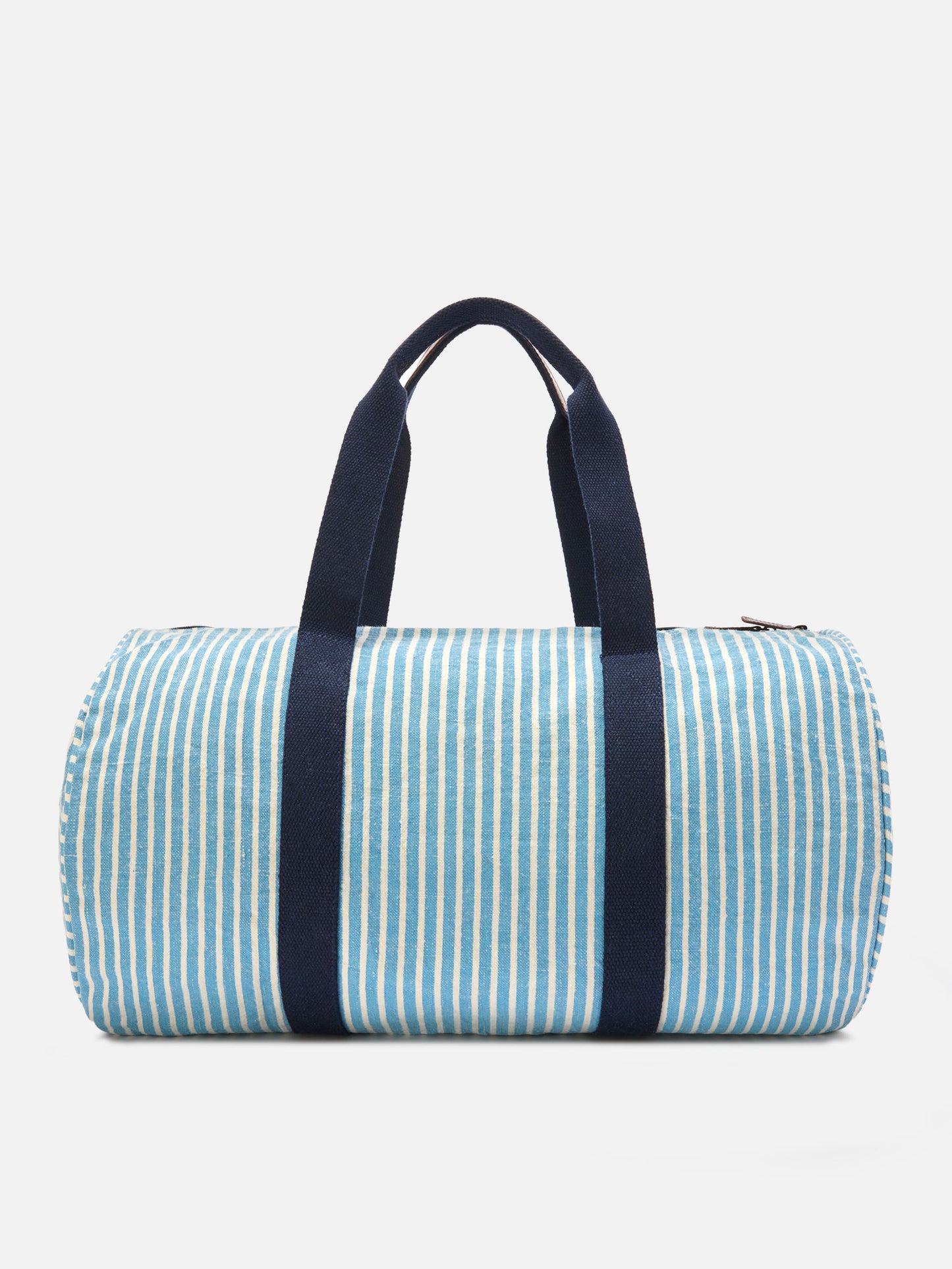 Round Jetleg blue and white striped linen weekender