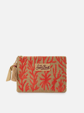 Jute pouch with embroidered coral pattern