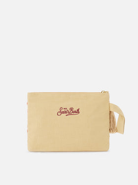 Jute pouch with embroidered coral pattern