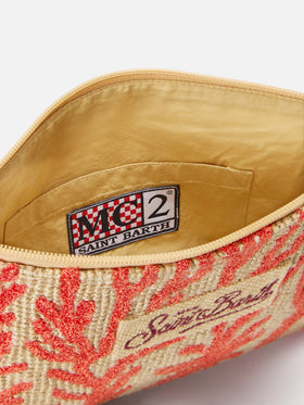 Jute pouch with embroidered coral pattern
