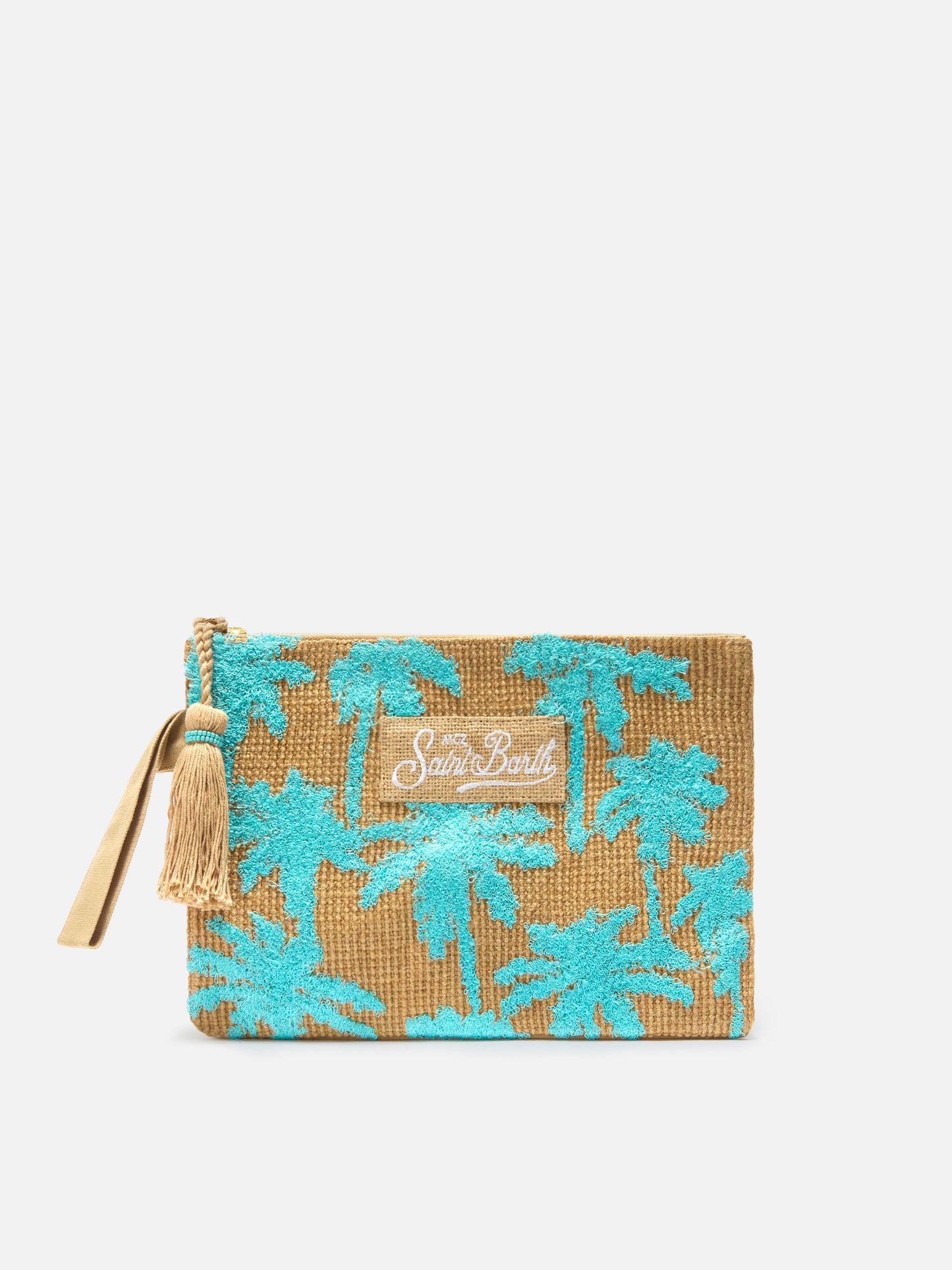 Jute pouch with embroidered palm pattern