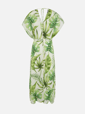 Langes Kleid mit tropischem Blätter-Print