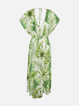 Langes Kleid mit tropischem Blätter-Print