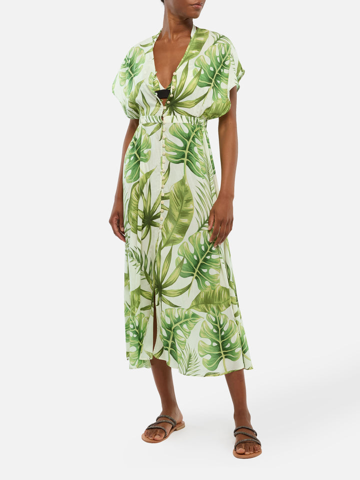 Tropical Leaves Print Long Dress