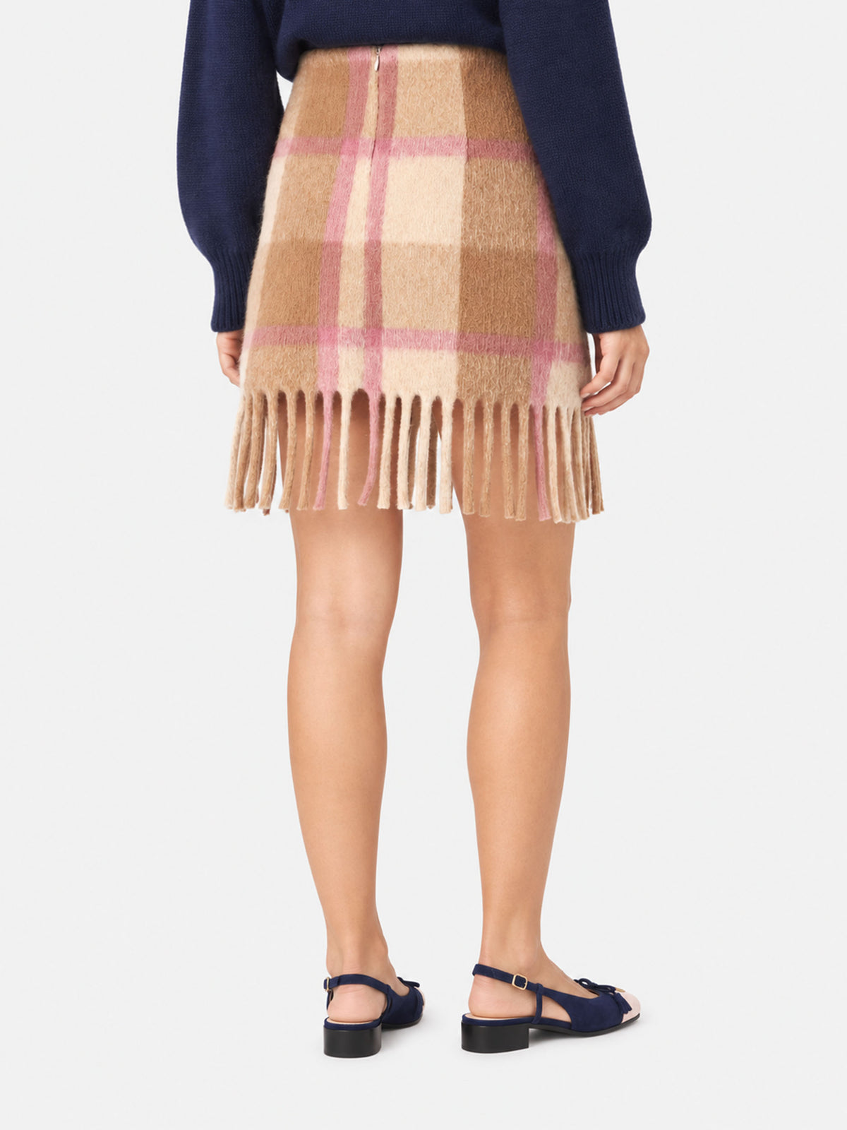 Jupe en maille tartan beige et rose Katrine 