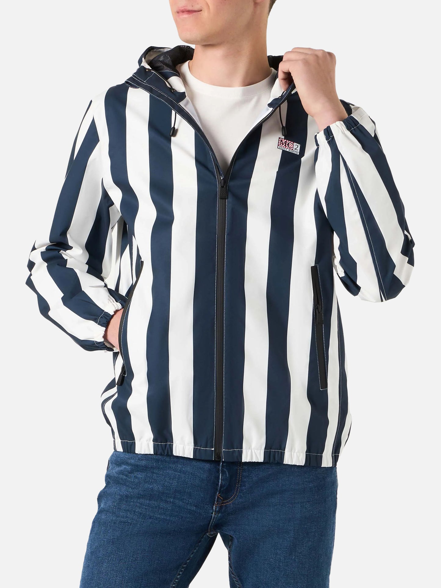 Man hooded lightweight windbreaker with striped print