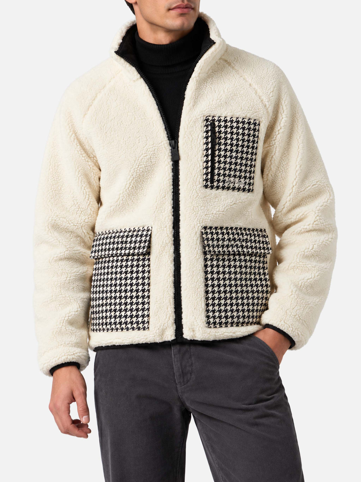 Veste Keystone blanche en sherpa avec poches plaquées pied-de-poule 
