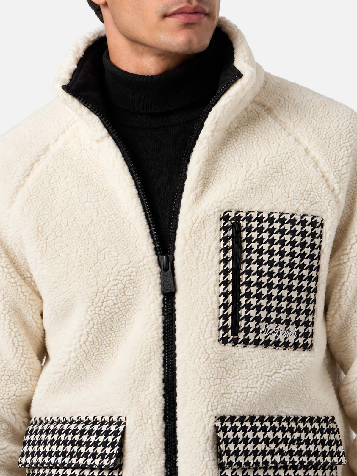 Veste Keystone blanche en sherpa avec poches plaquées pied-de-poule 