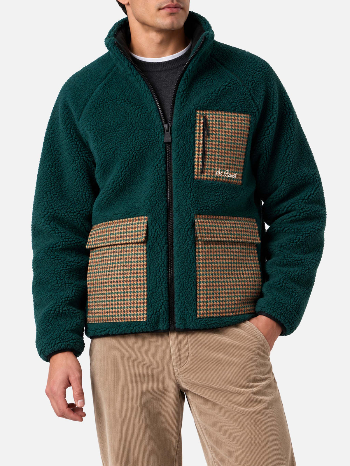 Green Keystone sherpa jacket with pied de poule pockets