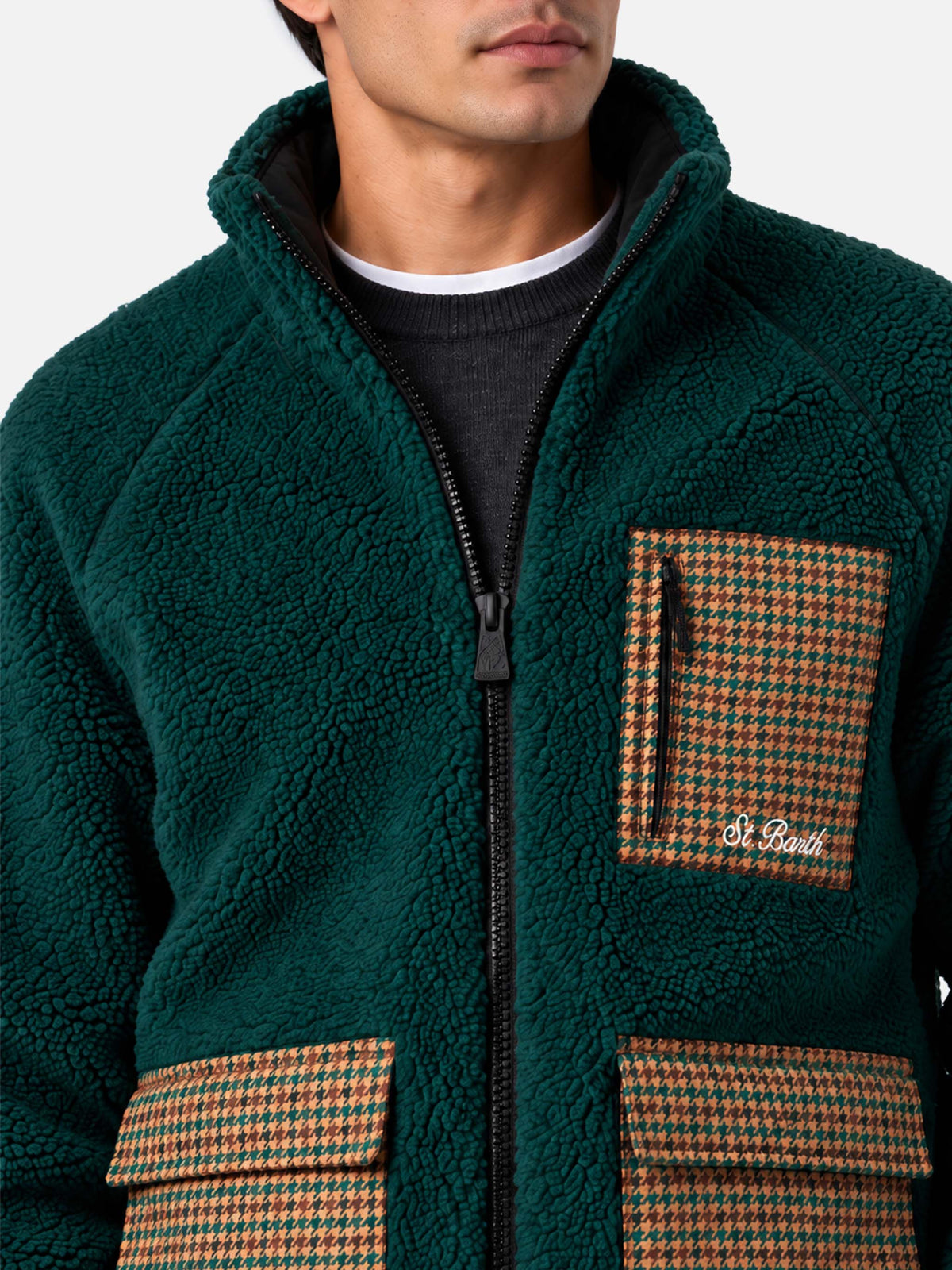 Green Keystone sherpa jacket with pied de poule pockets