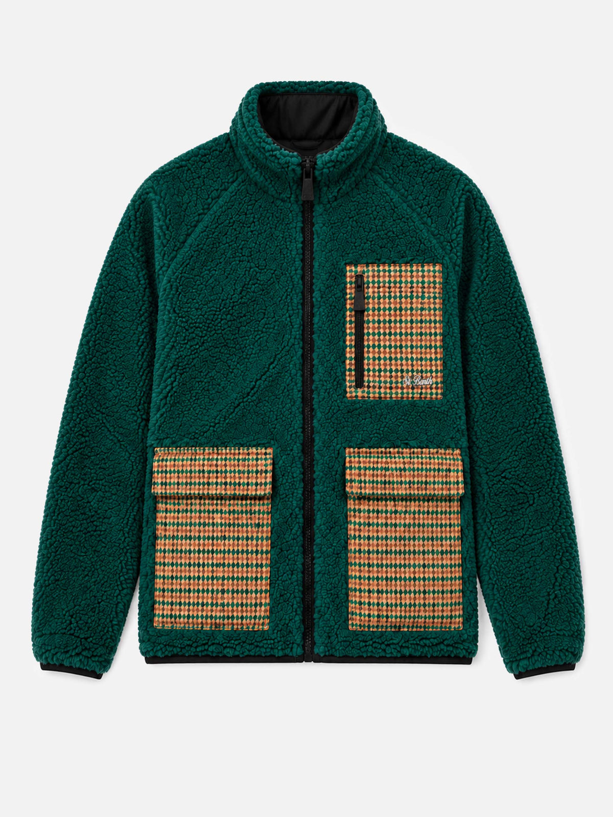 Green Keystone sherpa jacket with pied de poule pockets