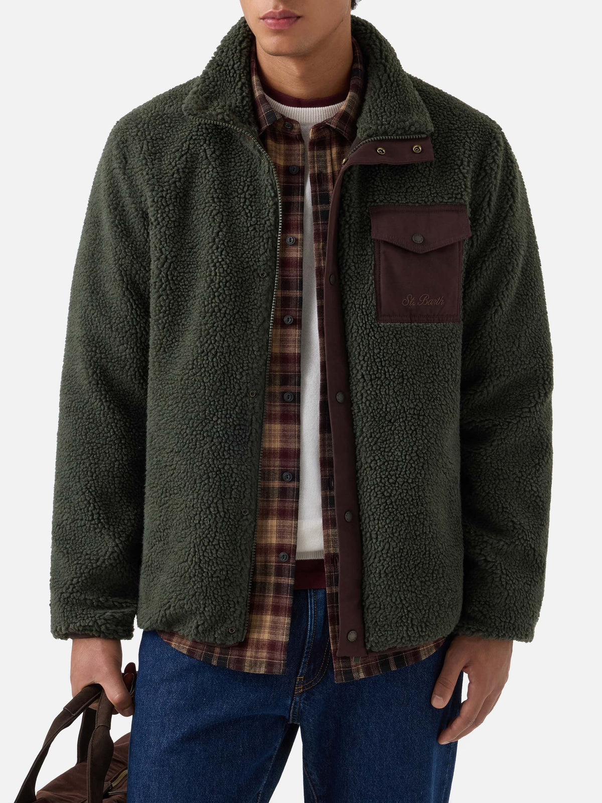 Giacca Keystone verde militare in teddy con chiusura zip
