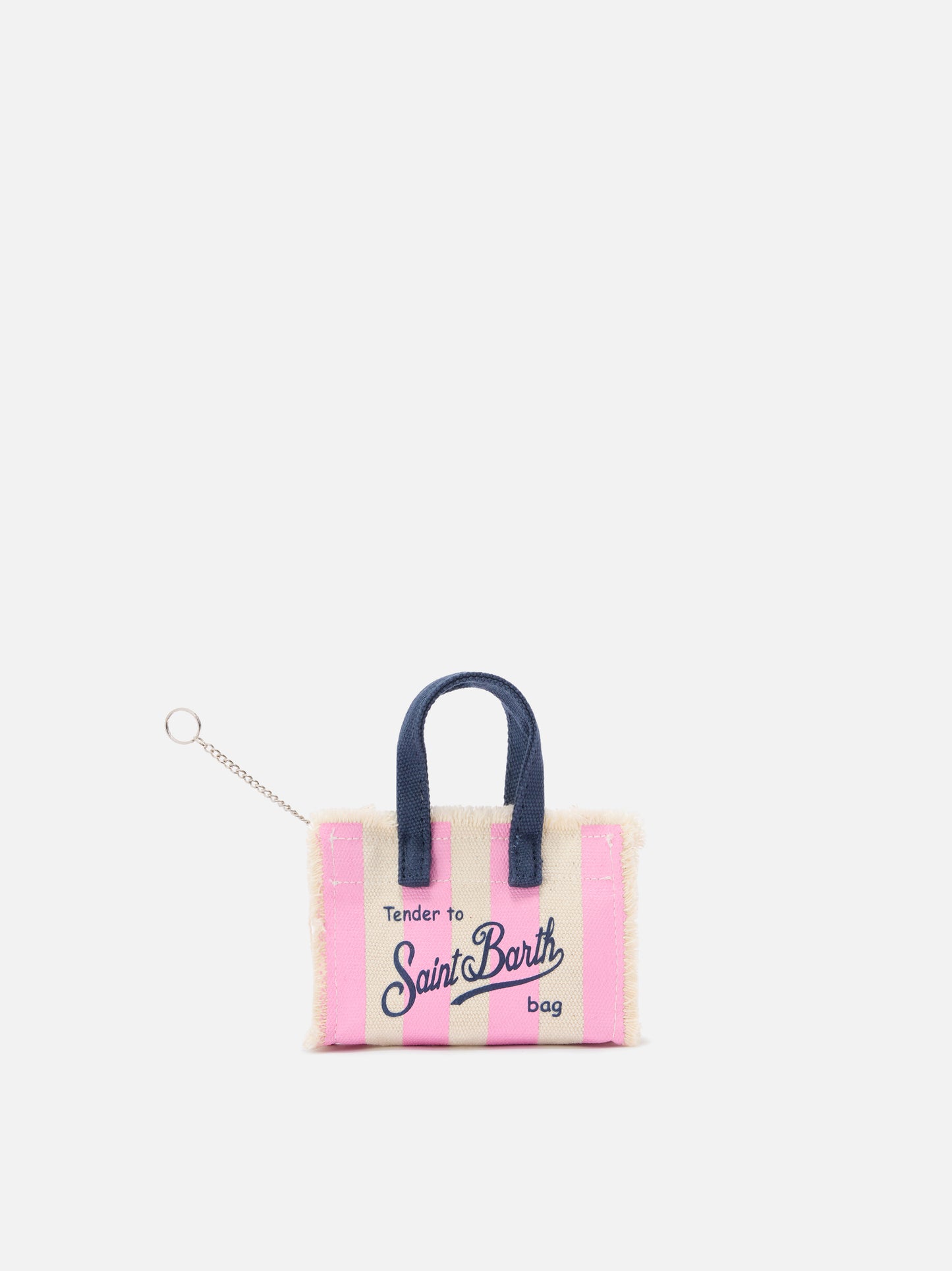 Striped fabric mini bag–shaped keychain with embroidered logo