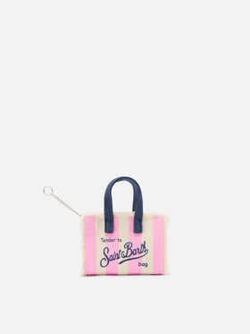 Striped fabric mini bag–shaped keychain with embroidered logo