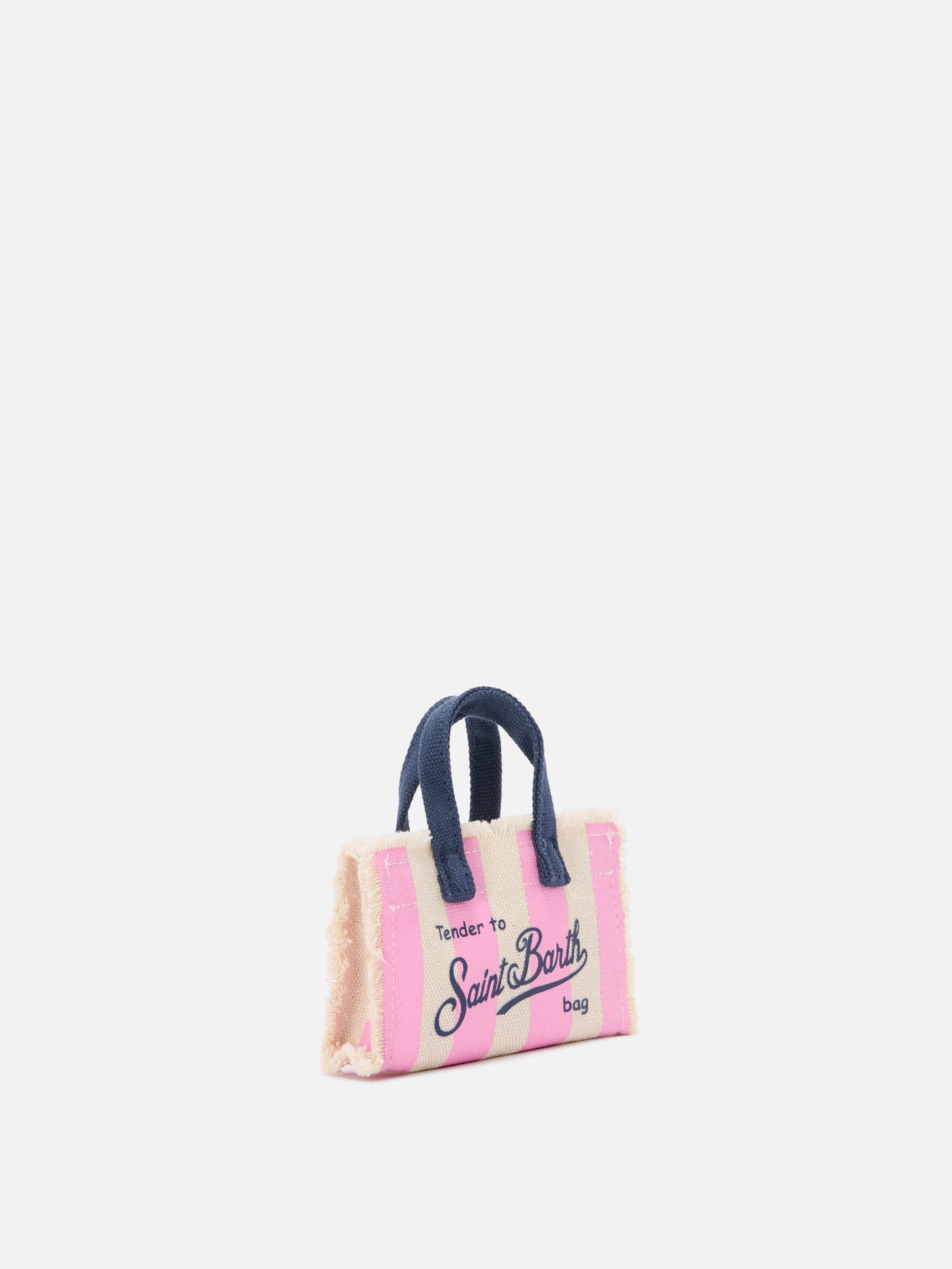 Striped fabric mini bag–shaped keychain with embroidered logo