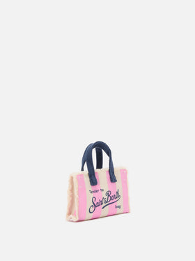 Striped fabric mini bag–shaped keychain with embroidered logo