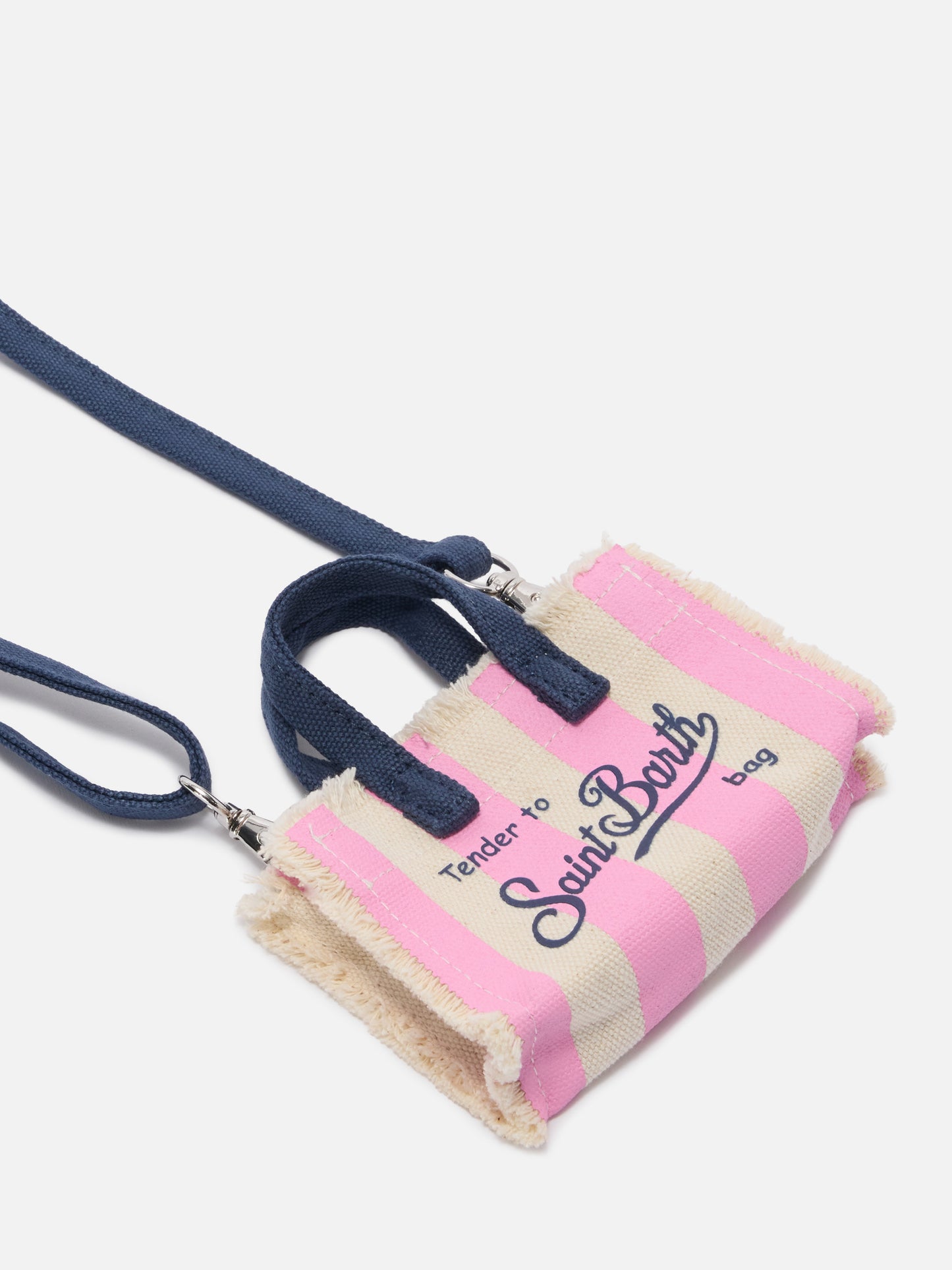 Striped fabric mini bag–shaped keychain with embroidered logo