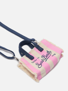 Striped fabric mini bag–shaped keychain with embroidered logo