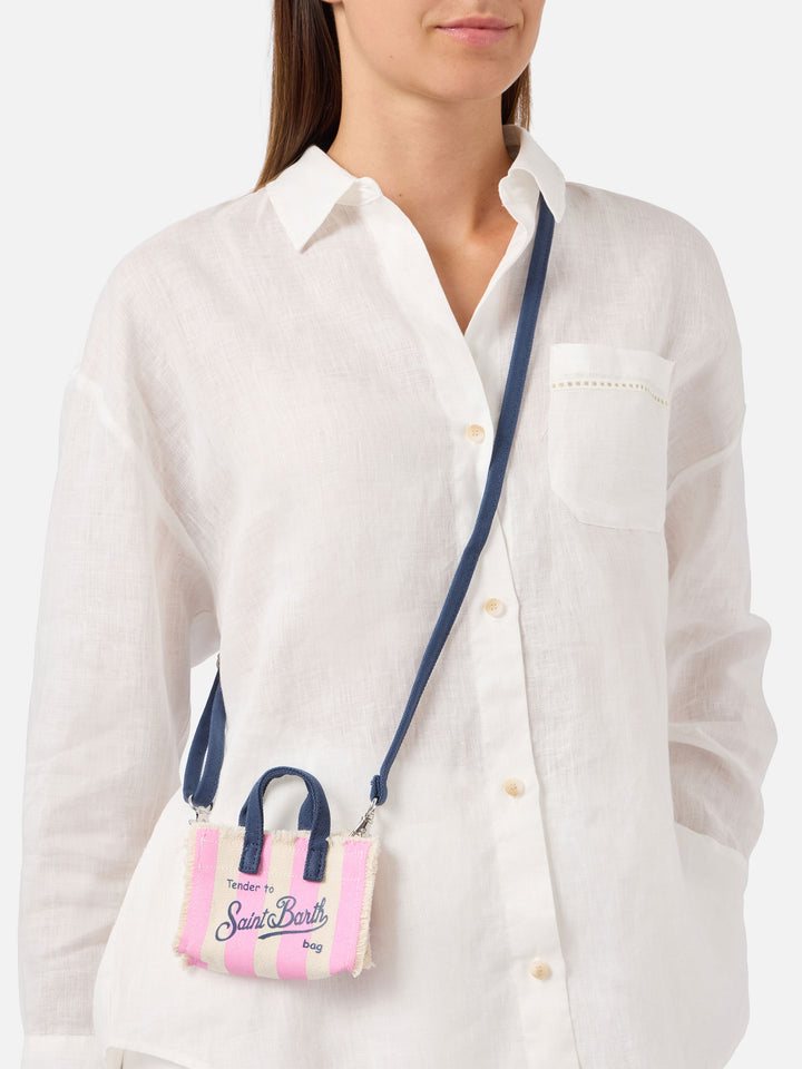 Porte-clés en forme de mini sac en tissu rayé avec logo brodé 