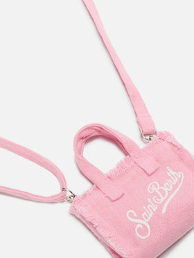 Pink linen mini bag–shaped keychain with printed logo