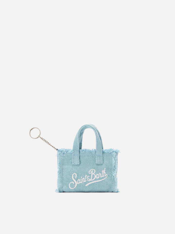 Light blue linen mini bag–shaped keychain with printed logo