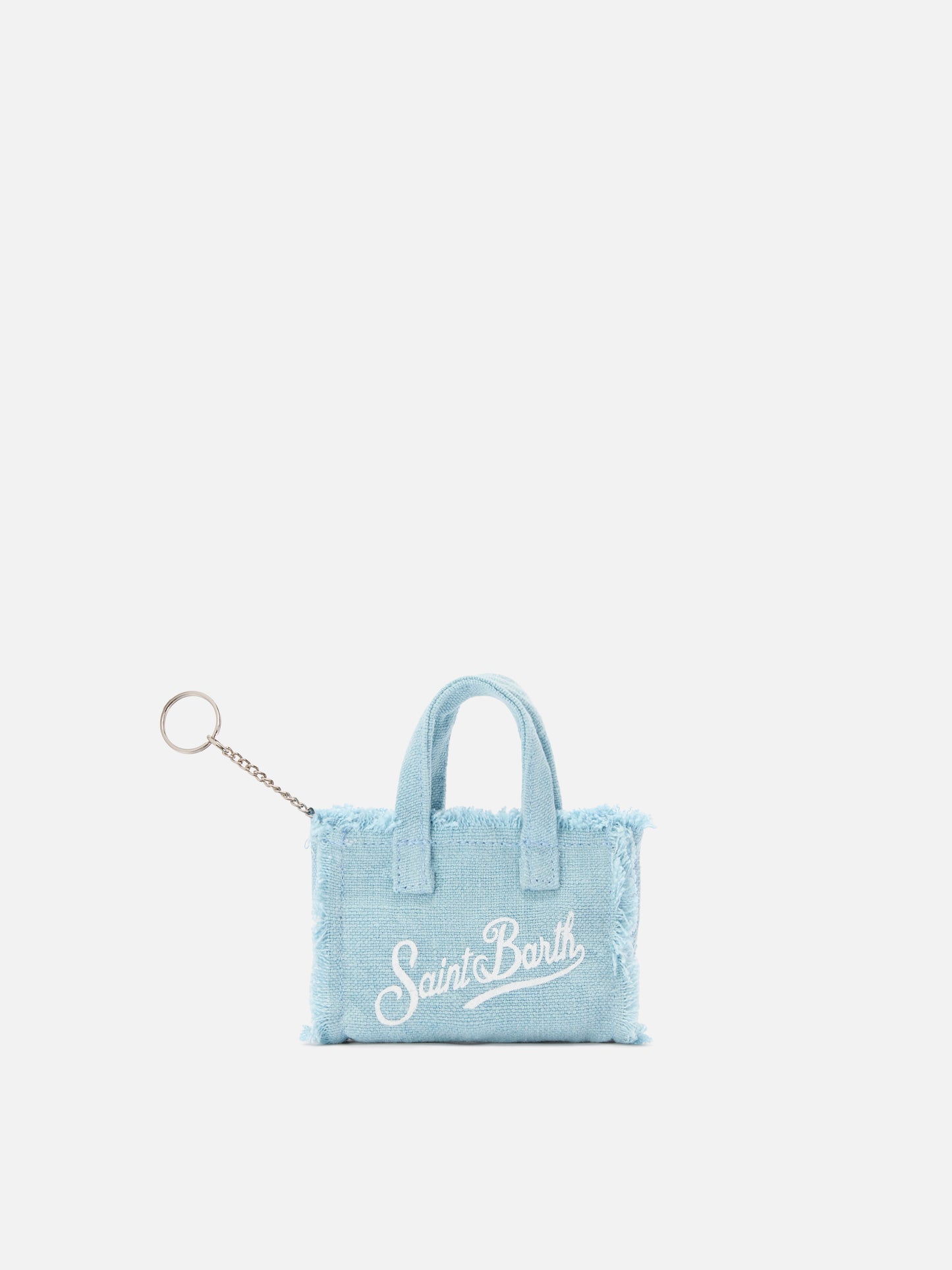 Keychain a forma di mini borsa in lino azzurro con logo stampato