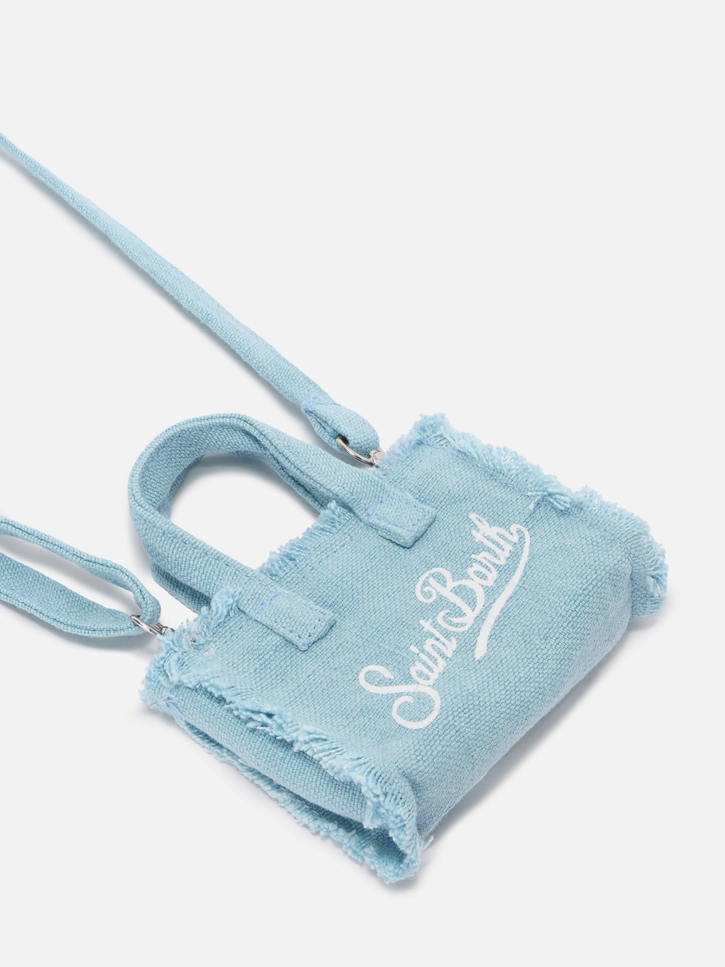 Keychain a forma di mini borsa in lino azzurro con logo stampato