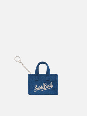 Denim mini bag–shaped keychain with printed logo