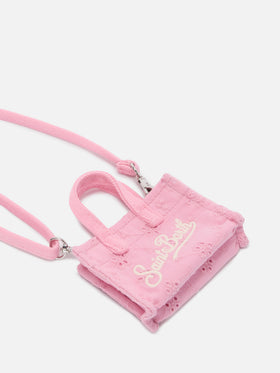 Keychain a forma di mini borsa in cotone sangallo con logo stampato