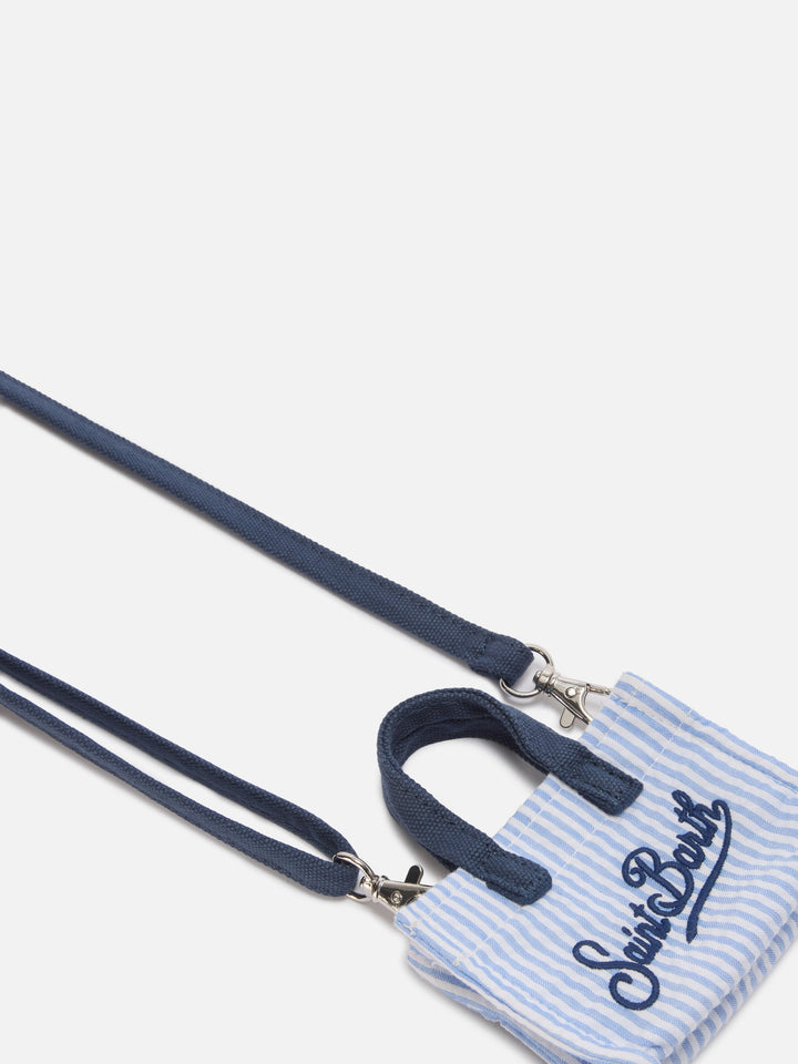 Keychain a forma di mini borsa in cotone a righe con logo stampato