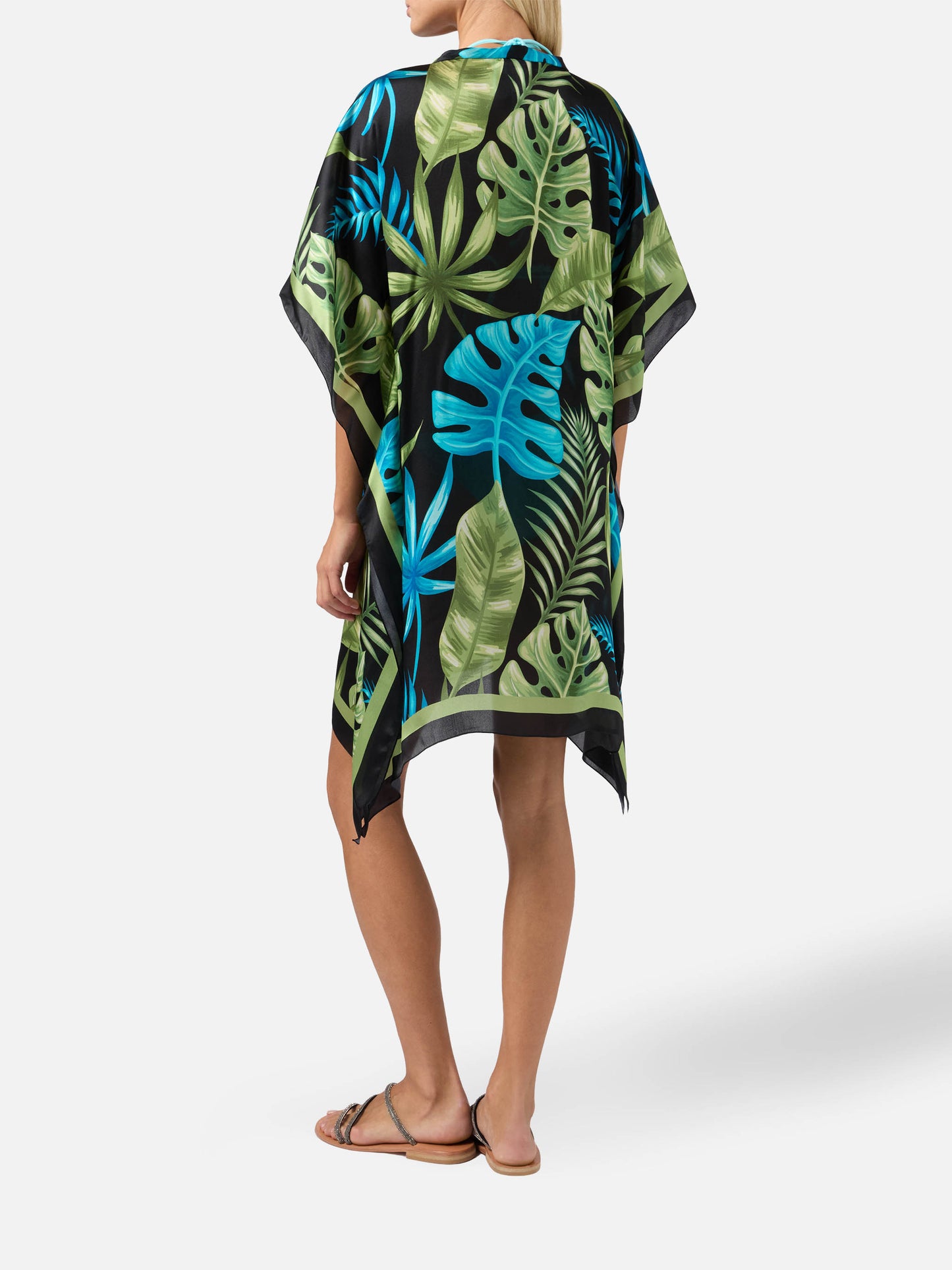 Silk caftan Khalida with tropical print