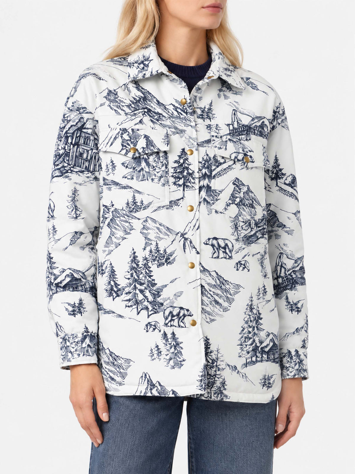 Chaqueta acolchada ligera Kimmy con estampado toile de jouy azul 