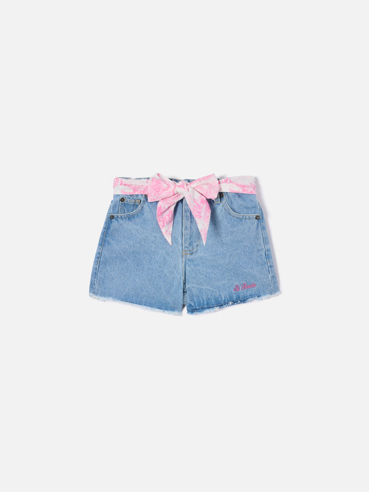 Short Kiko Jr in denim con dettagli in sangallo