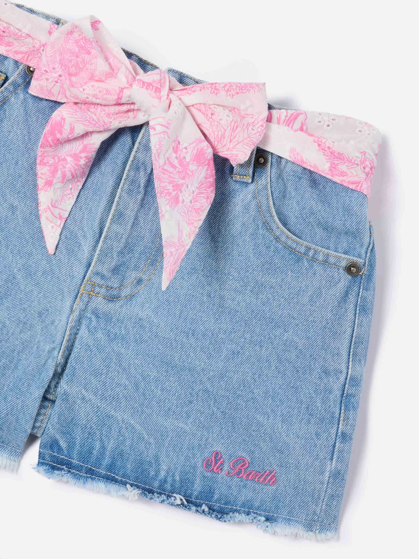 Short Kiko Jr in denim con dettagli in sangallo