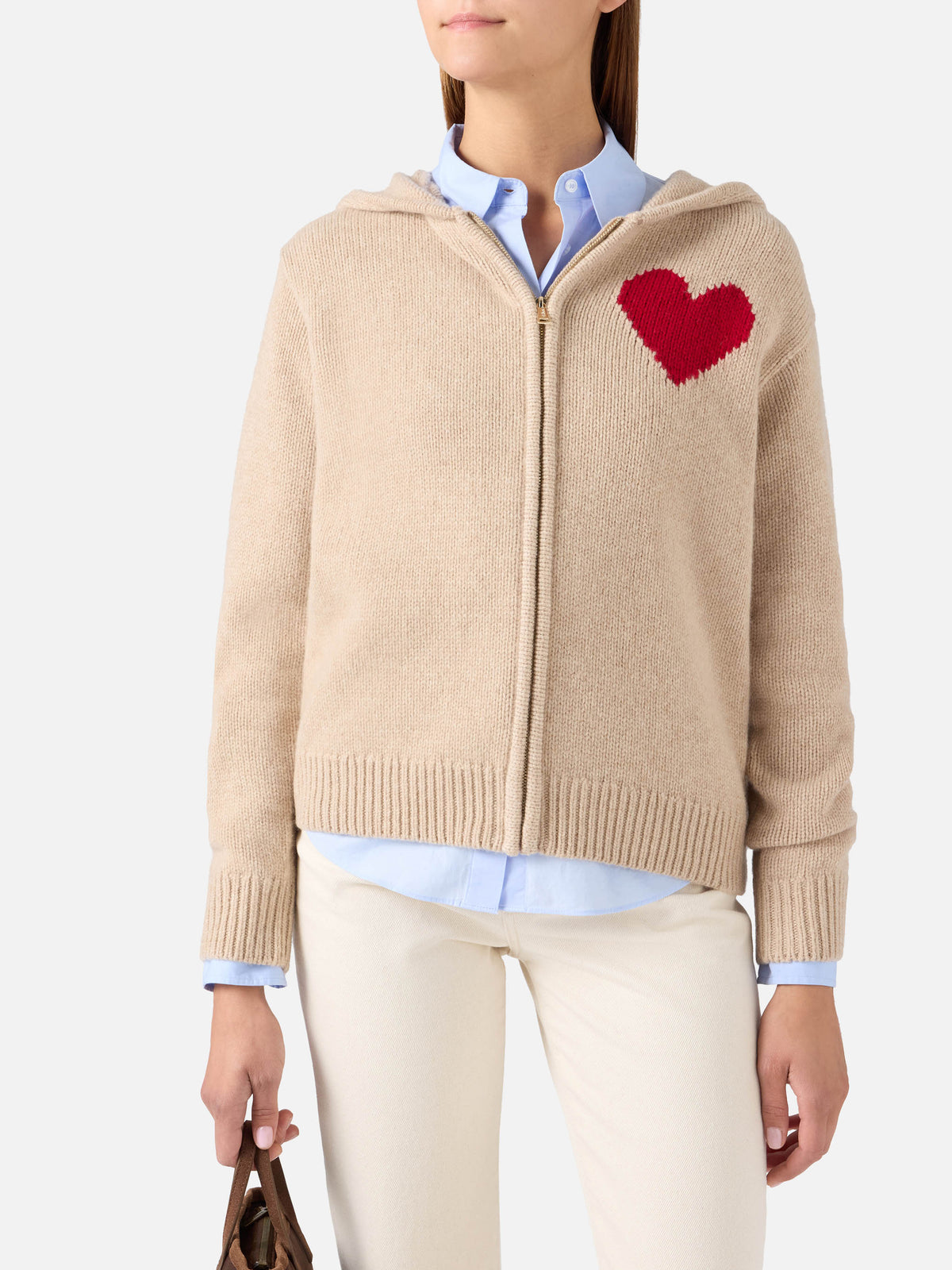 Felpa con cappuccio Kyla beige in maglia di lana con intarsio St. Barth