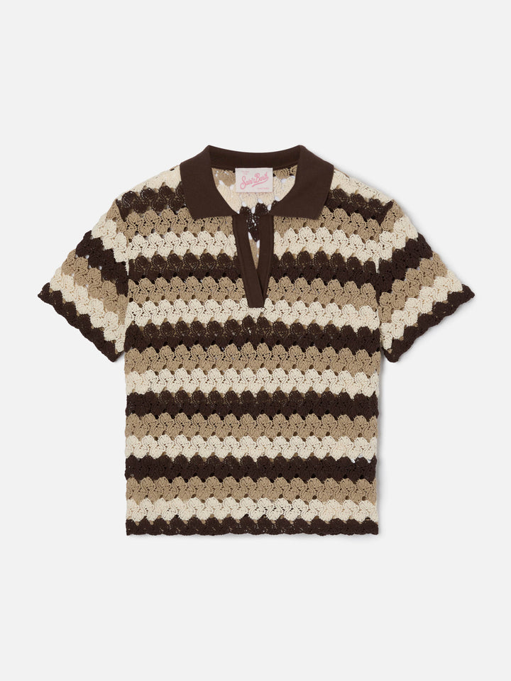 Polo Lala in misto cotone effetto crochet a righe
