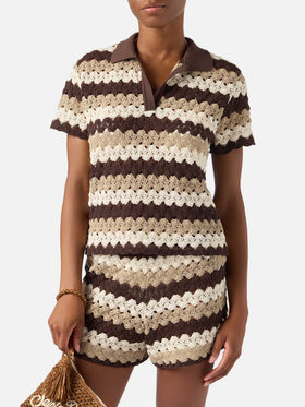 Polo Lala in misto cotone effetto crochet a righe