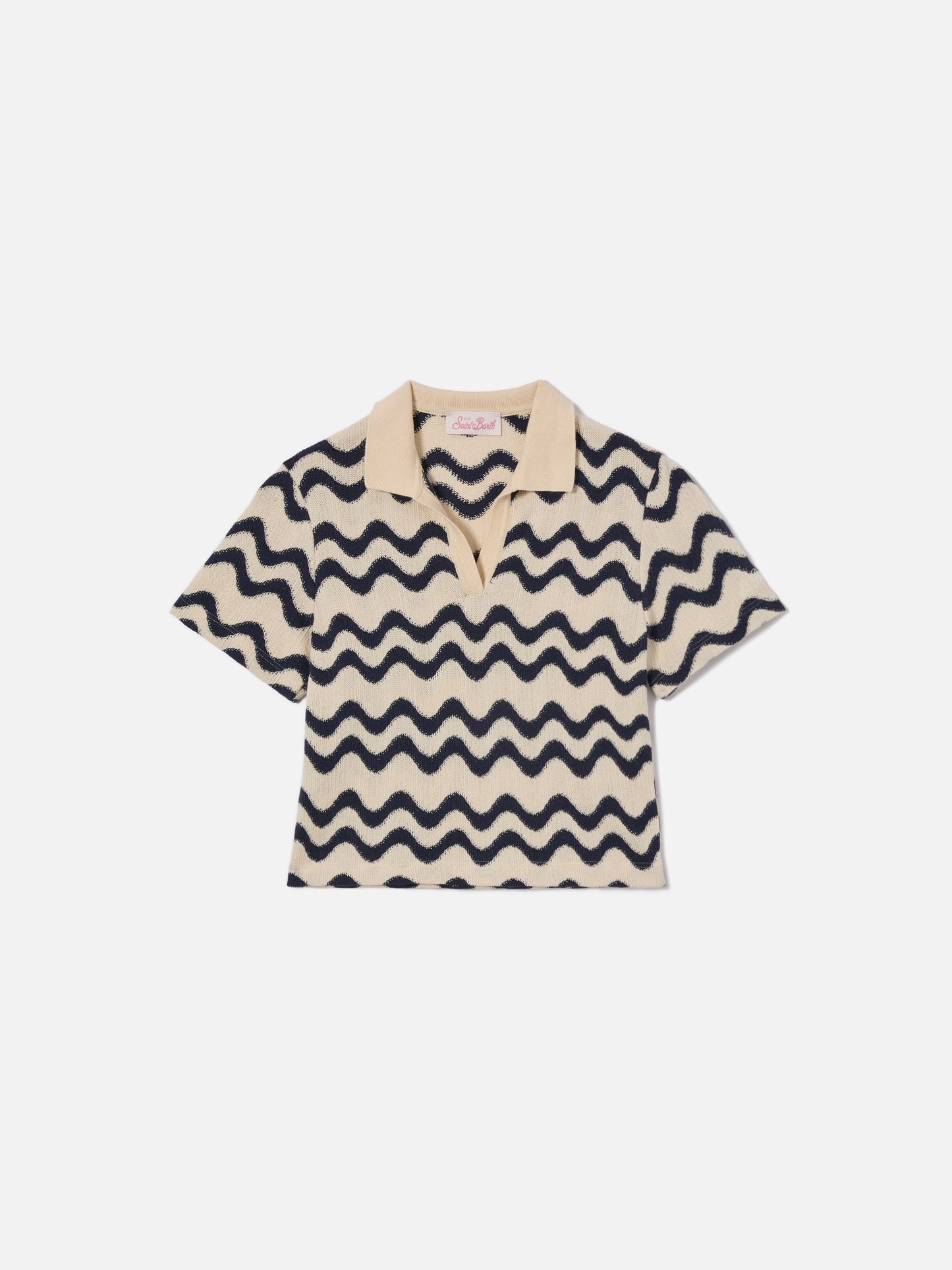 Polo Lala Jr in maglia misto cotone fantasia onde blu e avorio