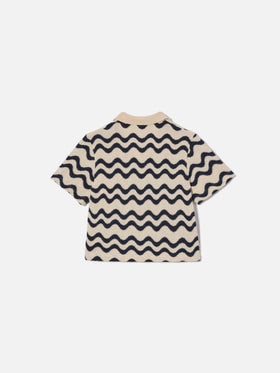 Polo Lala Jr in maglia misto cotone fantasia onde blu e avorio