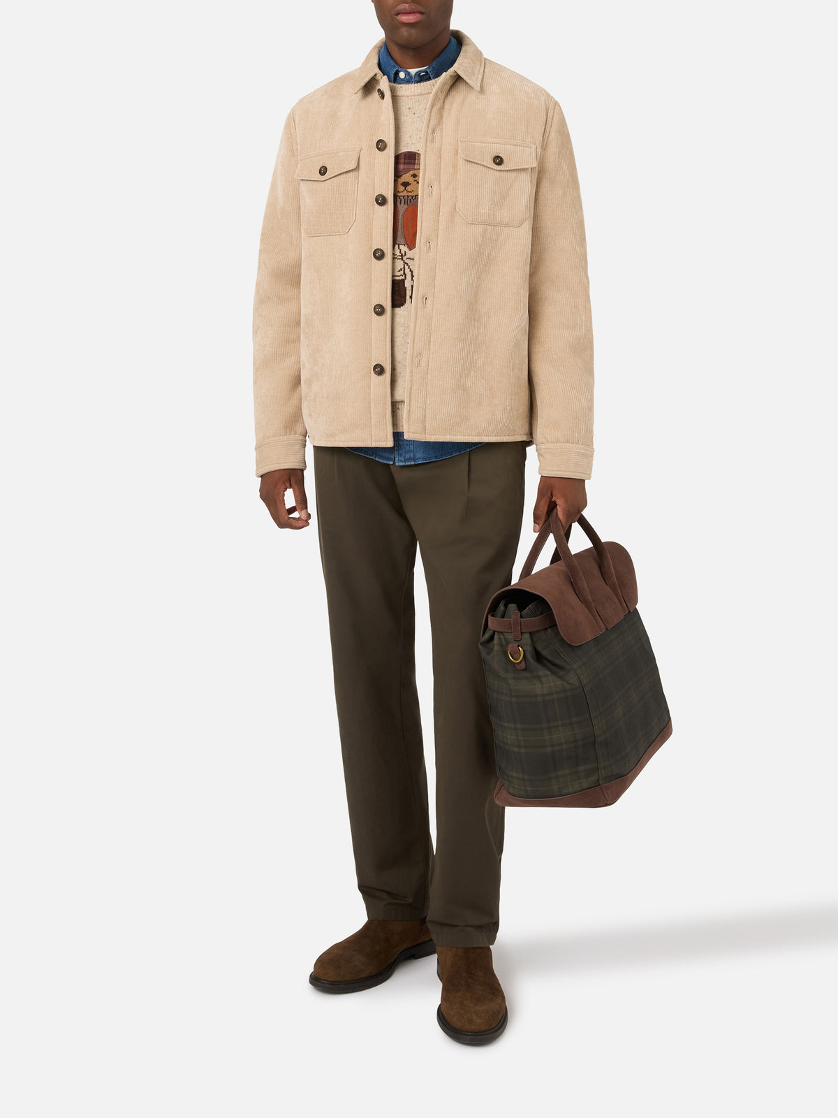 Overshirt Landeck beige in velluto a costine con fodera in teddy